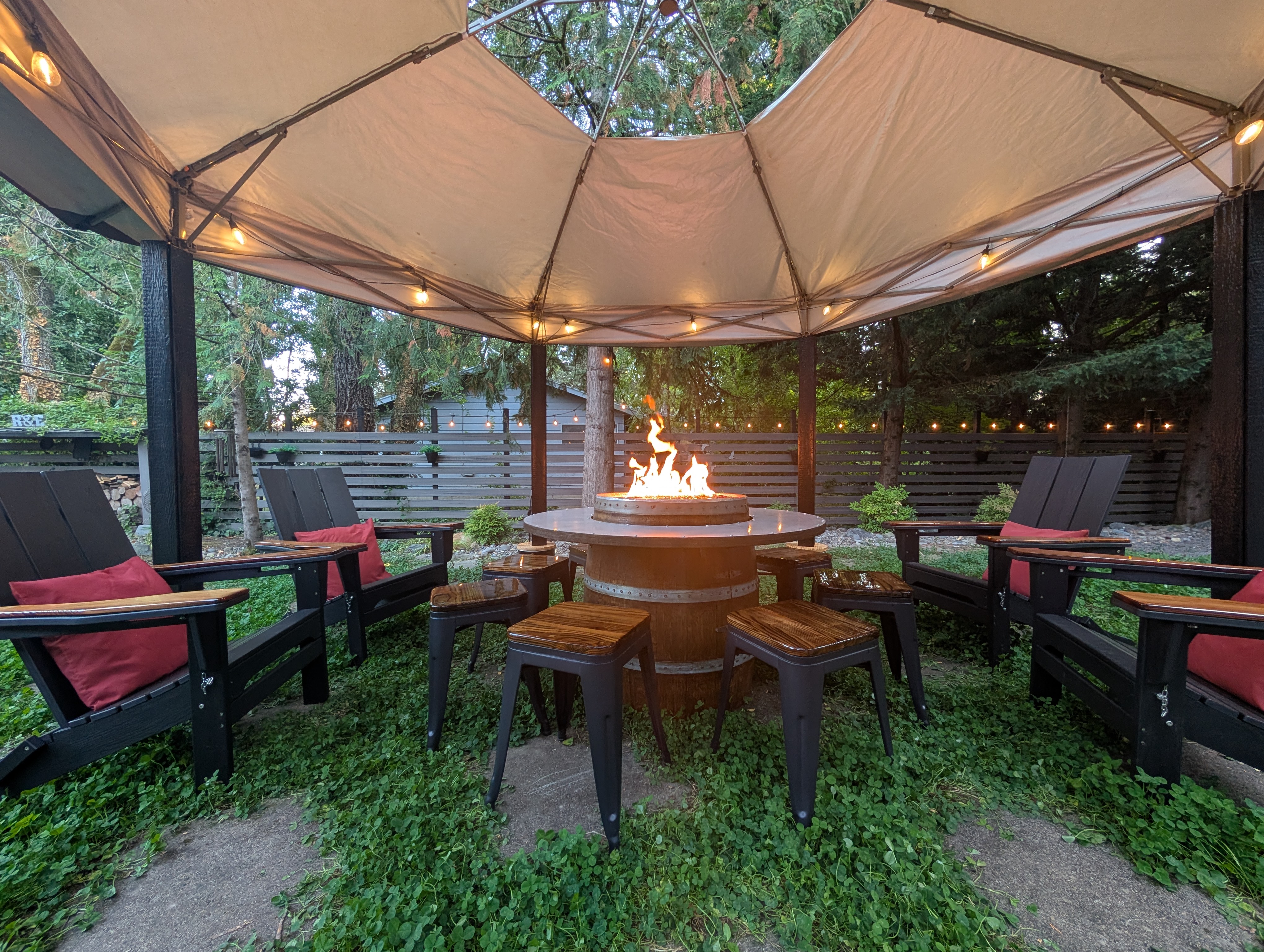 Full fireside gathering setup at dusk