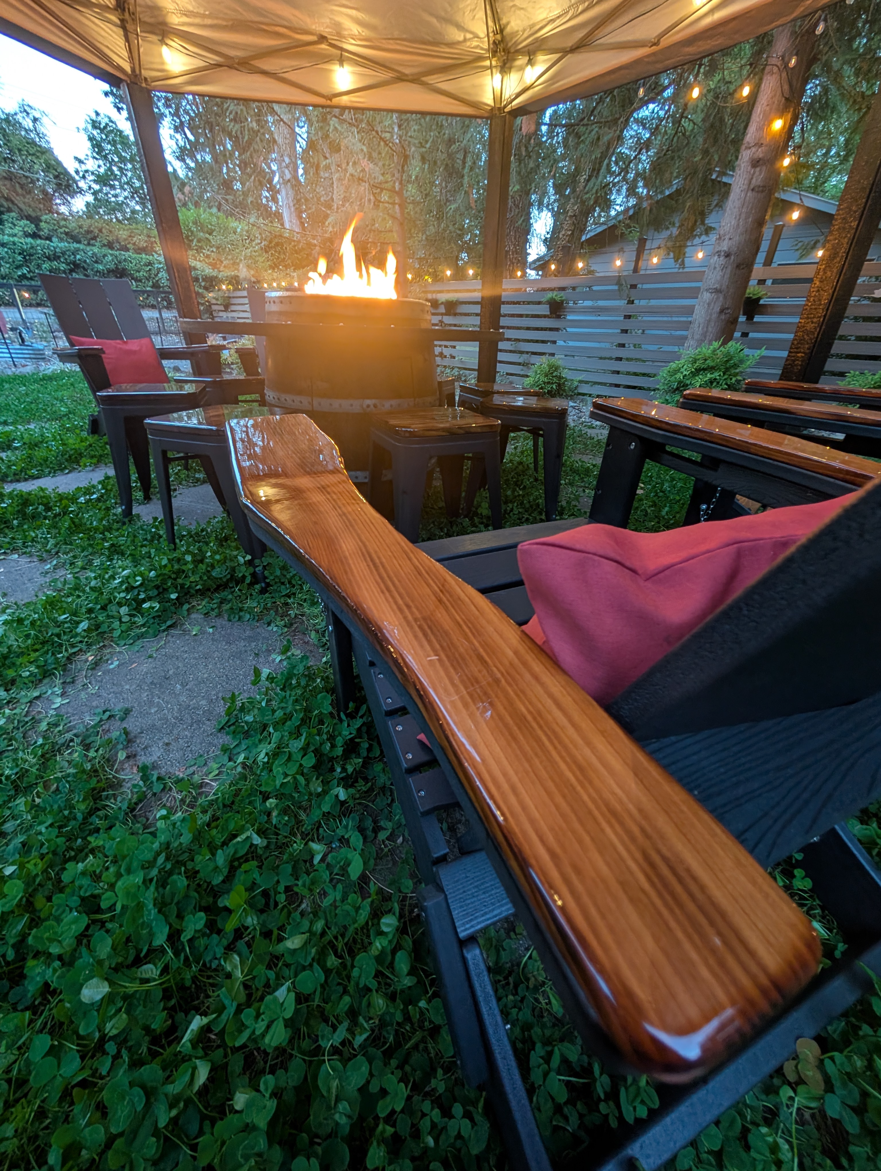 Propane fire pit on wine barrel base